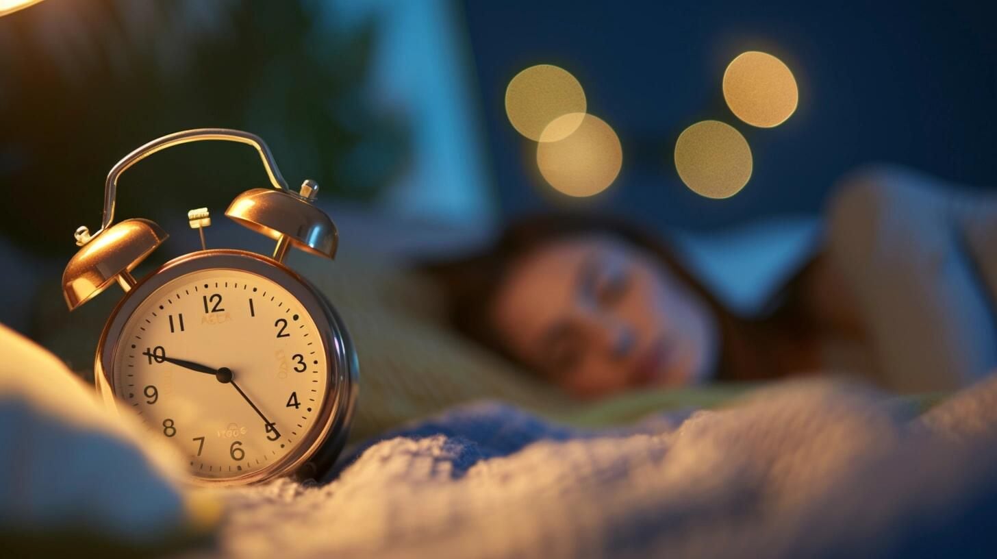 En esta escena nocturna, una mujer duerme serenamente en su cama, con un reloj despertador enfocado en primer plano, preparado para iniciar el día. La imagen enfatiza el valor del descanso reparador y la función del sueño en la promoción de una buena salud mental, ilustrando la conexión entre dormir bien y sentirse bien. (Imagen ilustrativa Infobae)