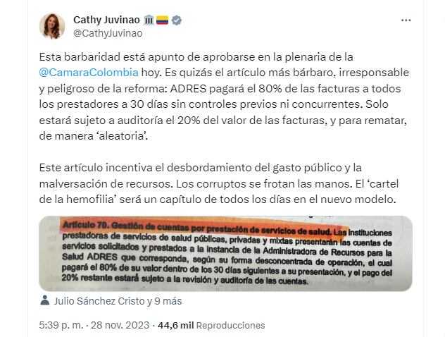 La representante Juvinao advirtió "la barbaridad" que aprobaron en la plenaria - crédito @@CathyJuvinao/X