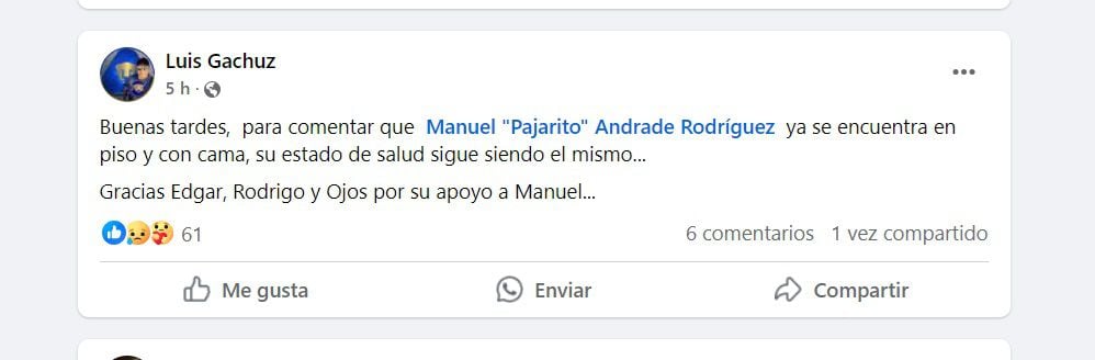 Estado de salud de Manuel Pajarito López (FB/   Manuel "Pajarito" Andrade Rodríguez)