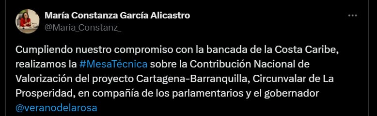 Ministra de Transporte, María Constanza García Alicastro sobre el encuentro con la bancada del Caribe - crédito @Maria_Constanz_/X