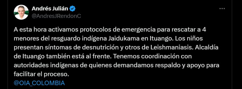 El gobernador aseguró que se desplegaron labores para rescatar cuatro niños del resguardo indígena Jaidukama en Ituango - crédito @AndresJRendonC/X