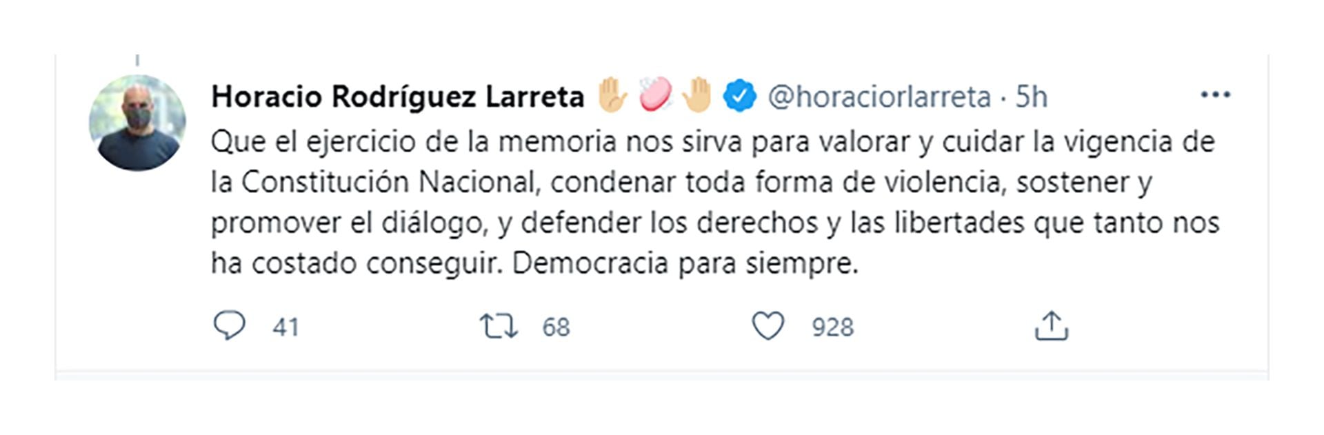 El mensaje de Larreta por el Día de la Memoria por la Verdad y la Justicia (Twitter)