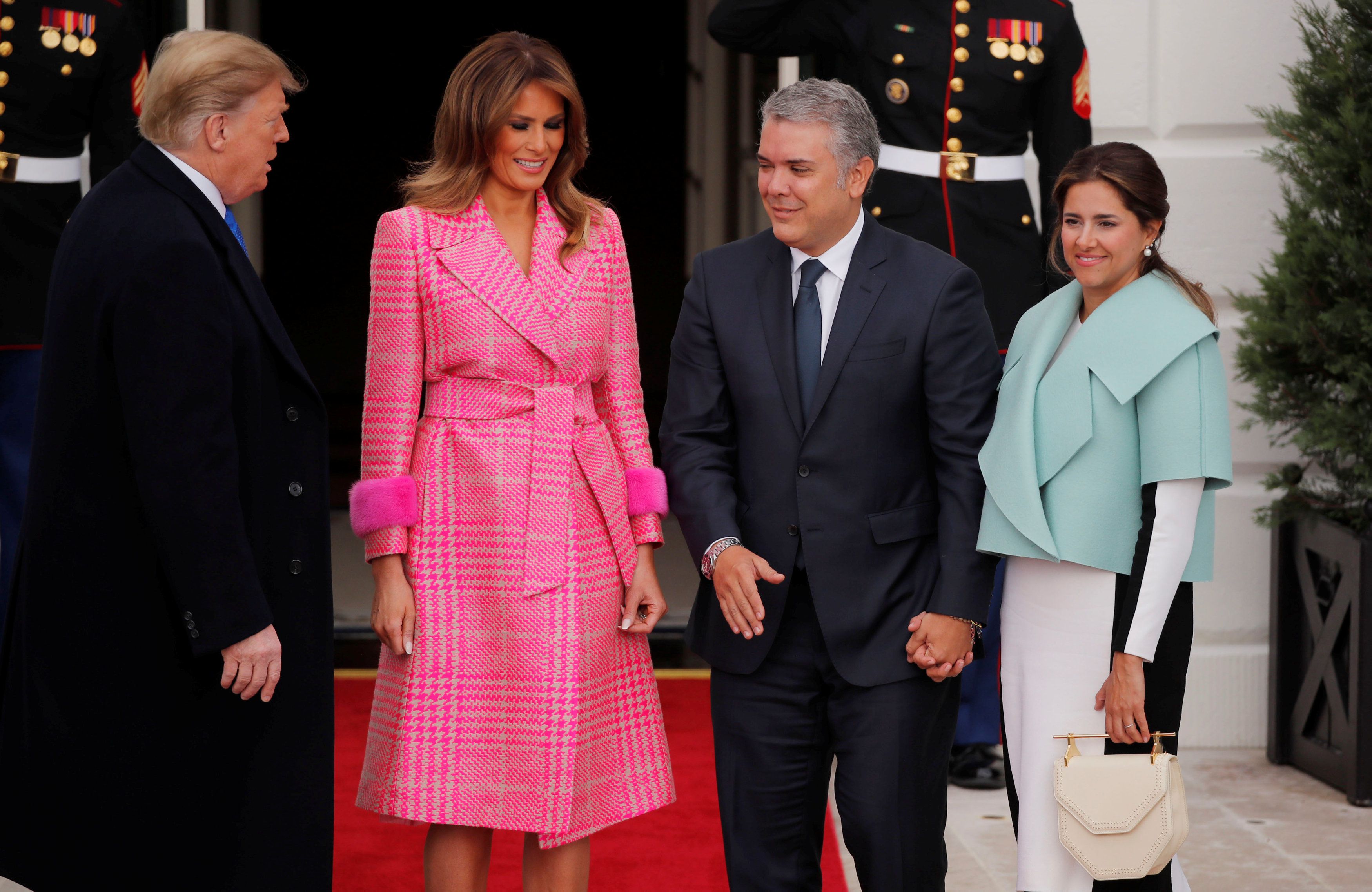 U.S. President Donald Trump and first lady Melania Trump welcome Colombian President Ivan Duque and his wife Maria Juliana Ruiz to the White House in Washington, U.S., February 13, 2019. REUTERS/Carlos Barria