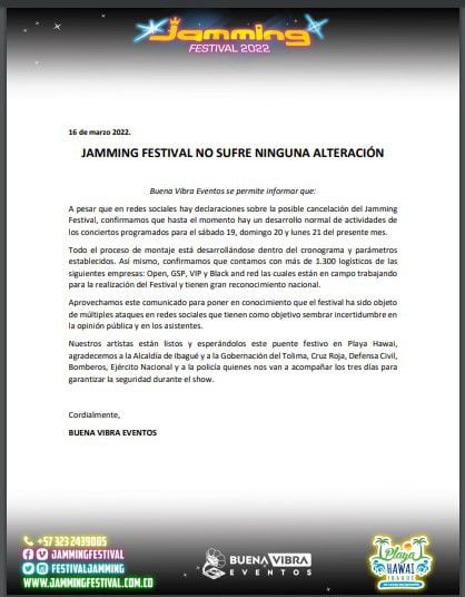 Declaração oficial do Jamming Festival para 16 de março de 2022