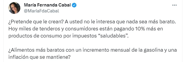 La senadora cuestionó al presidente y aseguró que al primer mandatario no le interesa que los precios de los alimentos bajen - crédito MariaFdaCabal/X