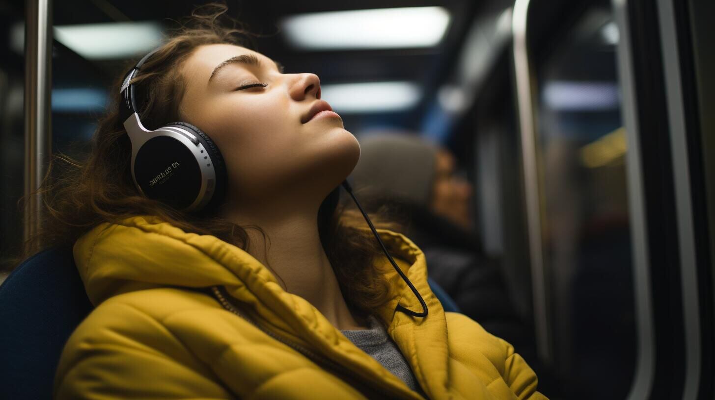 Mujer en transporte público, escuchando música con auriculares y disfrutando del viaje. Su expresión refleja serenidad y placer en medio del ajetreo urbano. (Imagen ilustrativa Infobae)