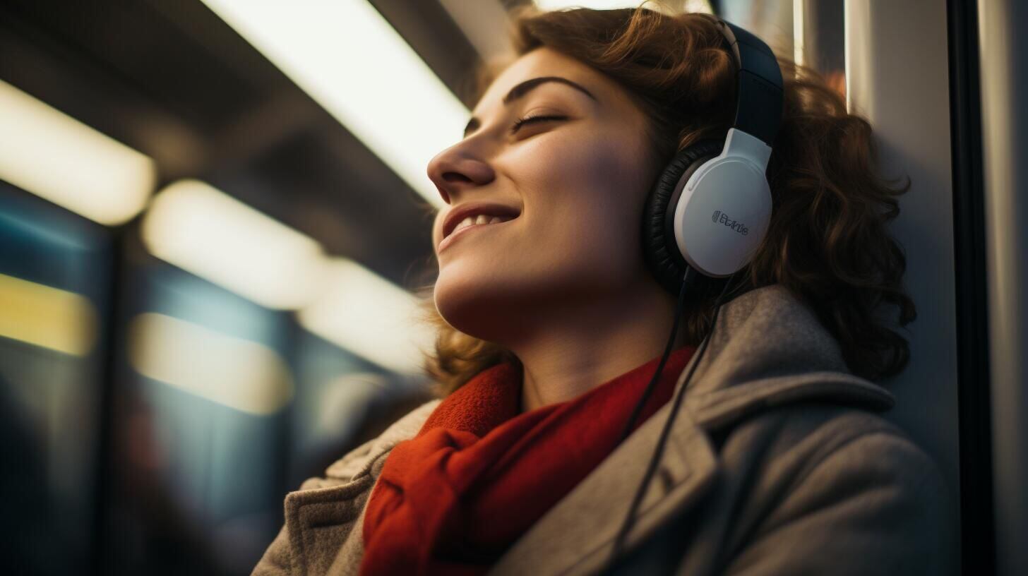 Mujer en transporte público, escuchando música con auriculares y disfrutando del viaje. Su expresión refleja serenidad y placer en medio del ajetreo urbano. (Imagen ilustrativa Infobae)