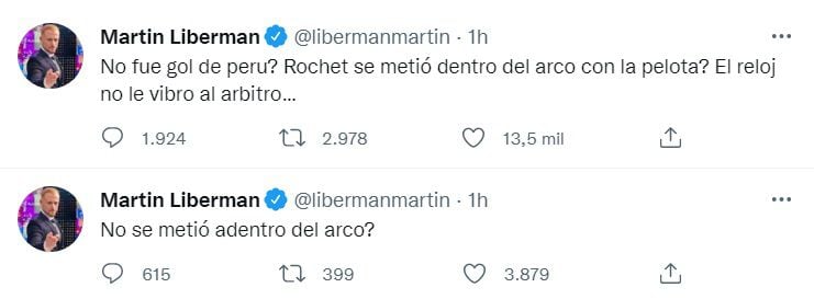 Publicaciones de Martín Liberamen en Twitter por gol no cobrado a Perú ante Uruguay.