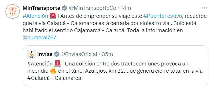 Esto dijo el Ministerio de Transporte - crédito captura de pantalla X