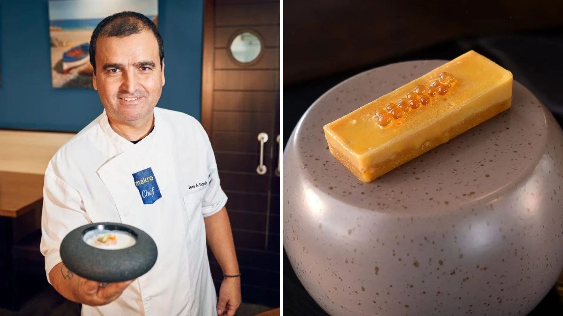 Chef Túe García y una de las tapas de su menú degustación