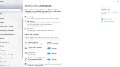 Asistente de concentración en Windows 10