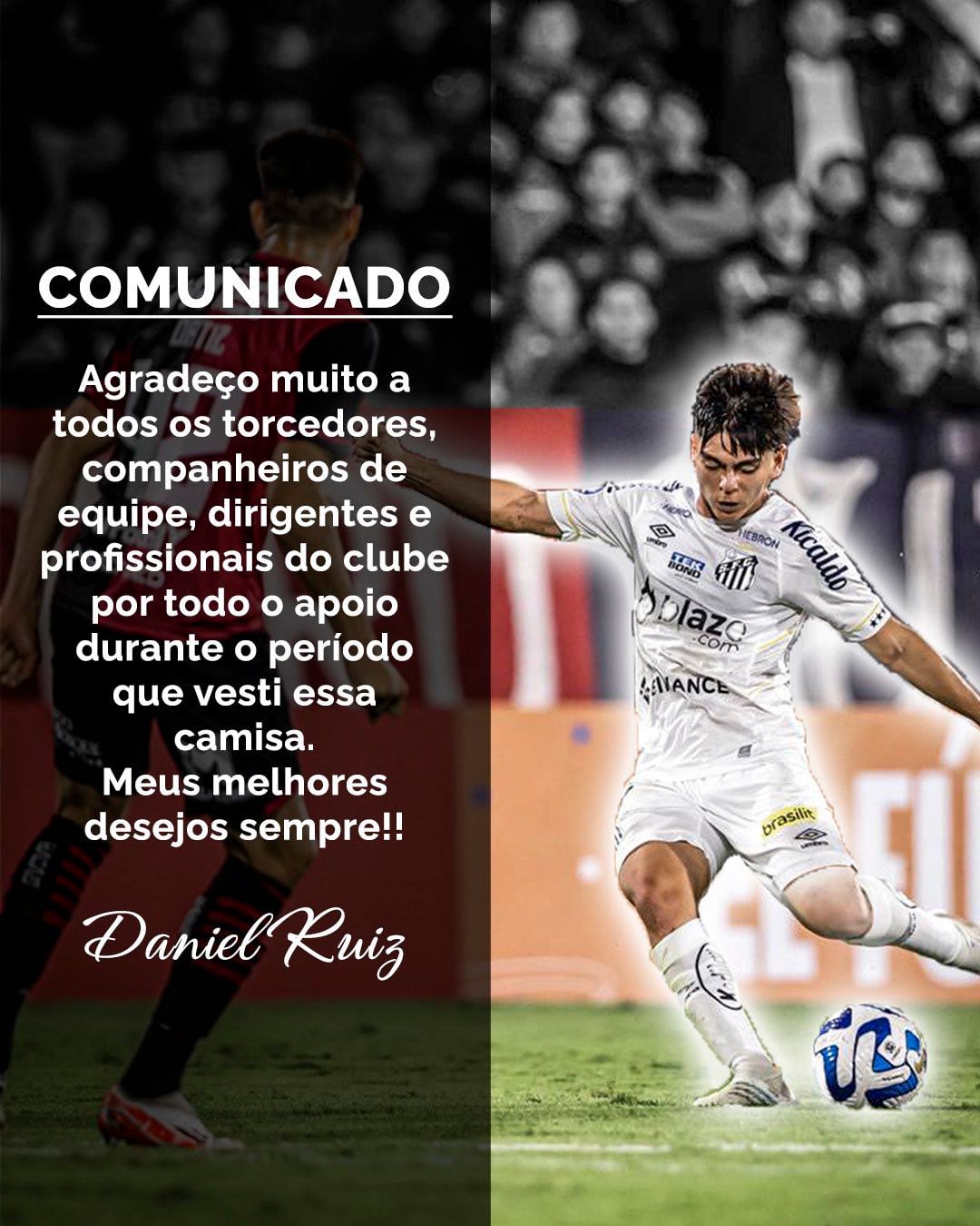 Daniel Ruiz se despidió de los hinchas del Santos por su apoyo en los seis meses que jugó en Brasil.