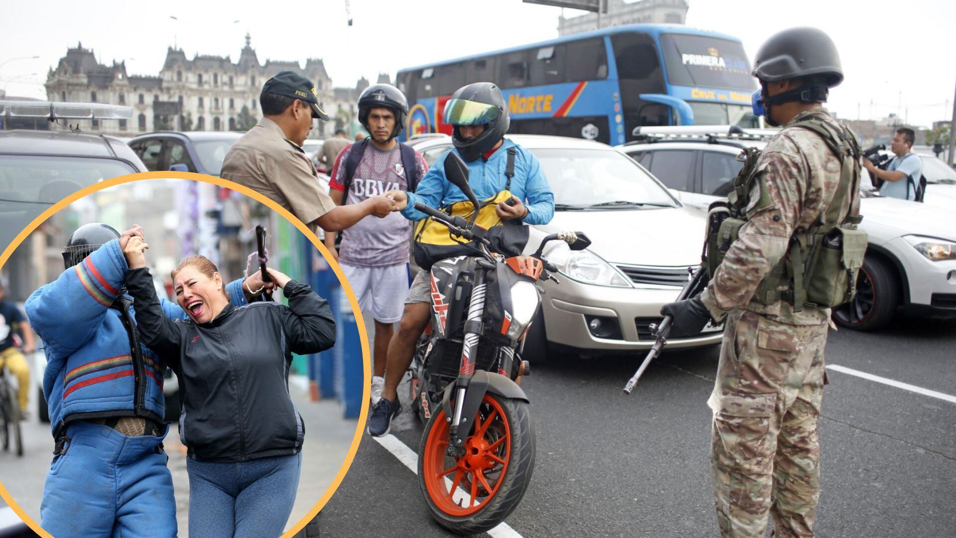 En un Estado de Emergencia, de acuerdo a decretos supremos del pasado que declararon la medida, la Policía Nacional del Perú mantiene el control del orden interno, con el apoyo de las Fuerzas Armadas. (Composición: Infobae Perú)