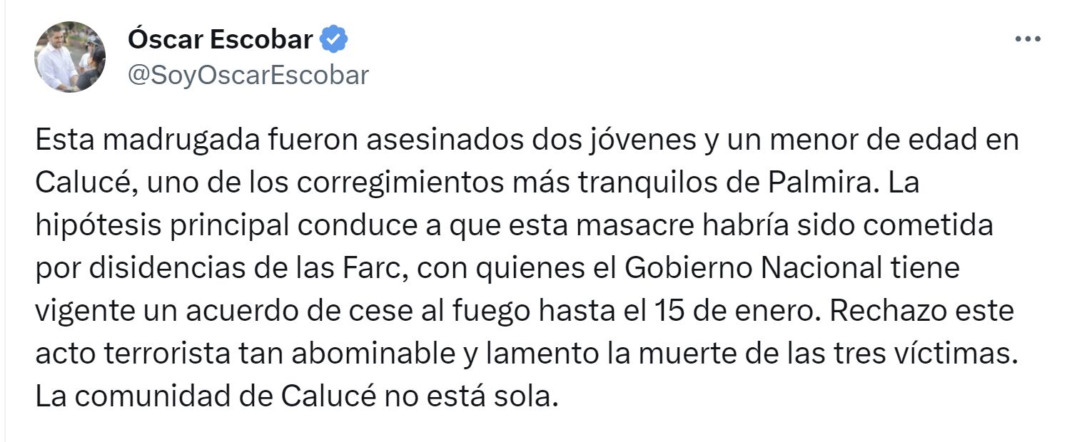 Óscar Escobar, alcalde de Palmira, señaló que detrás de la masacre de tres jóvenes en la vereda Calucé estaría el EMC Farc