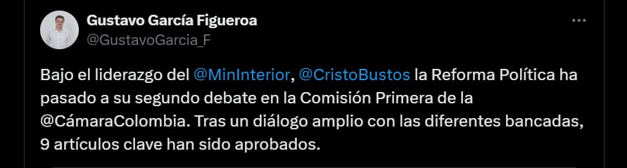 El viceministro General del Interior celebró la aprobación del proyecto de ley en la Cámara de Representantes - crédito @GustavoGarcia_F/X