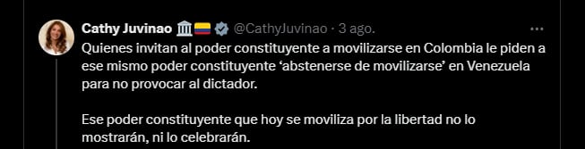 La representante aseguró que piden que los venezolanos no salgan para no molestar a Nicolás Maduro - crédito @CathyJuvinao/X