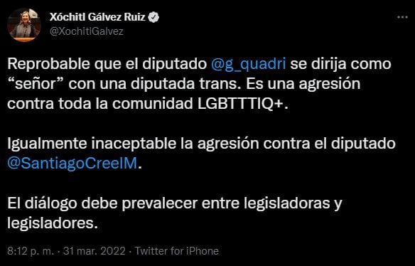 Xochitl Gálvez failed Gabriel Quadri's transphobic comment against Salma Luevano