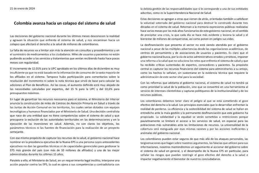 18 exministros y exviceministros de Salud advierten problemas para el sistema por las decisiones del Gobierno nacional