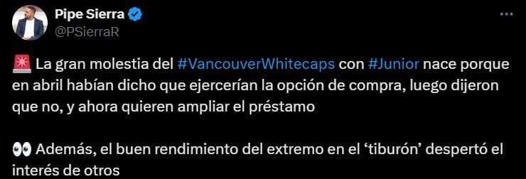Deiber Caicedo podría salir de Junior porque el equipo no ha ejercido la opción de compra al Vancouver Whitecaps - crédito @PSierraR/X