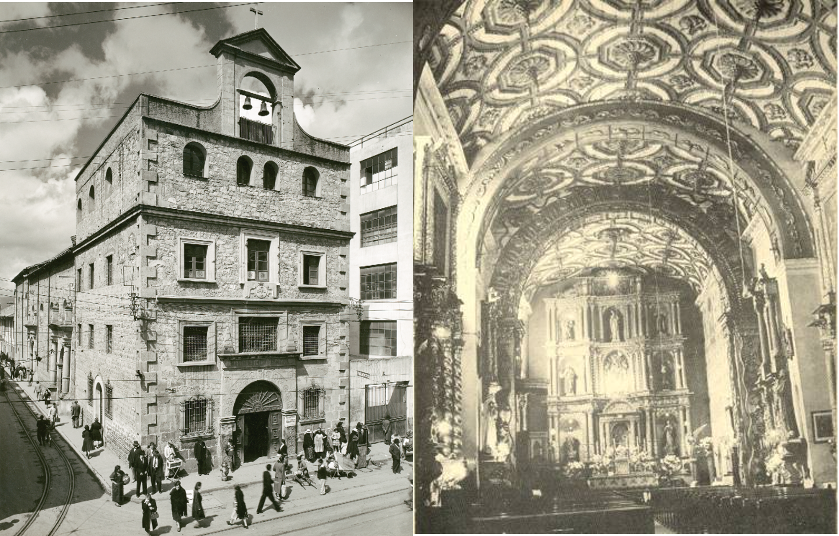 Fachada exterior de la iglesia de Santa Inés, al lado una foto de su interior. Archivo de Bogotá y Twitter.