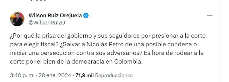 Wilson Ruiz defiende a Corte Suprema ante criticas por elección de nuevo fiscal General - crédito @WilsonRuizO