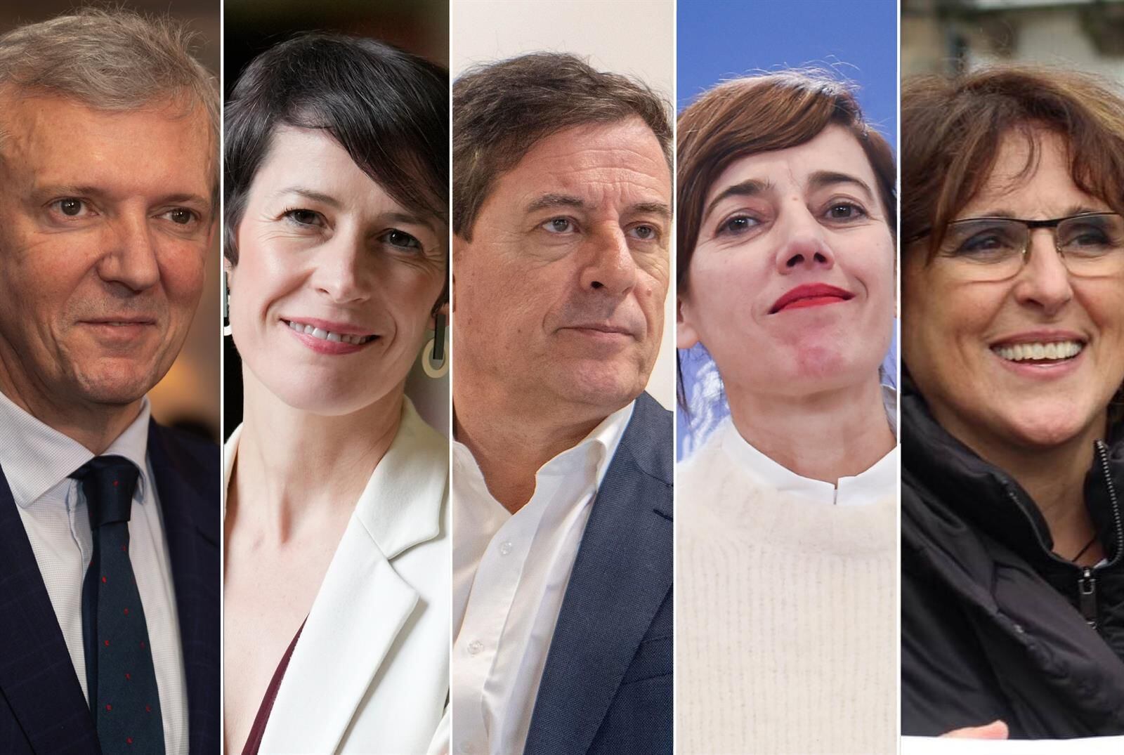 22/01/2024 De izquierda a derecha: los candidatos Alfonso Rueda (PP), Ana Pontón (BNG), José Ramón Gómez Besteiro (PSdeG), Marta Lois (Sumar) e Isabel Faraldo (Podemos). ESPAÑA EUROPA GALICIA AUTONOMÍAS POLÍTICA 