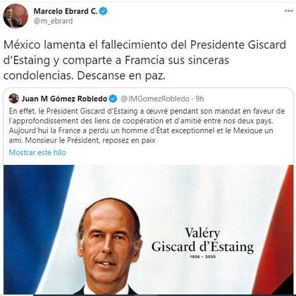 La canciller lamentó la muerte del expresidente francés (Foto: Twitter / @ m_ebrard)