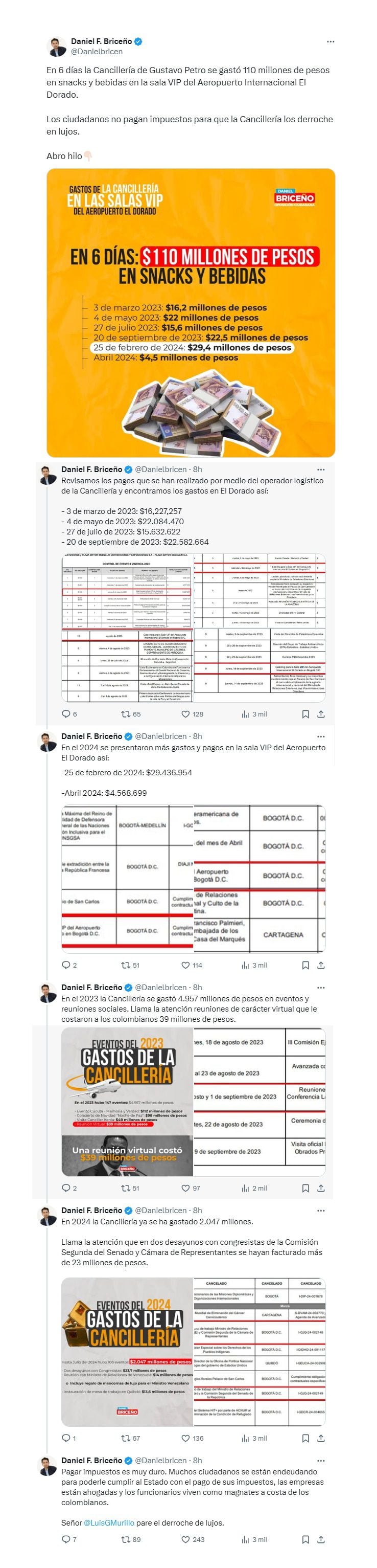 Hilo de Daniel Briceño sobre los gastos de la Cancillería en eventos sociales desde el 2023. (Crédito: @Danielbricen / X)