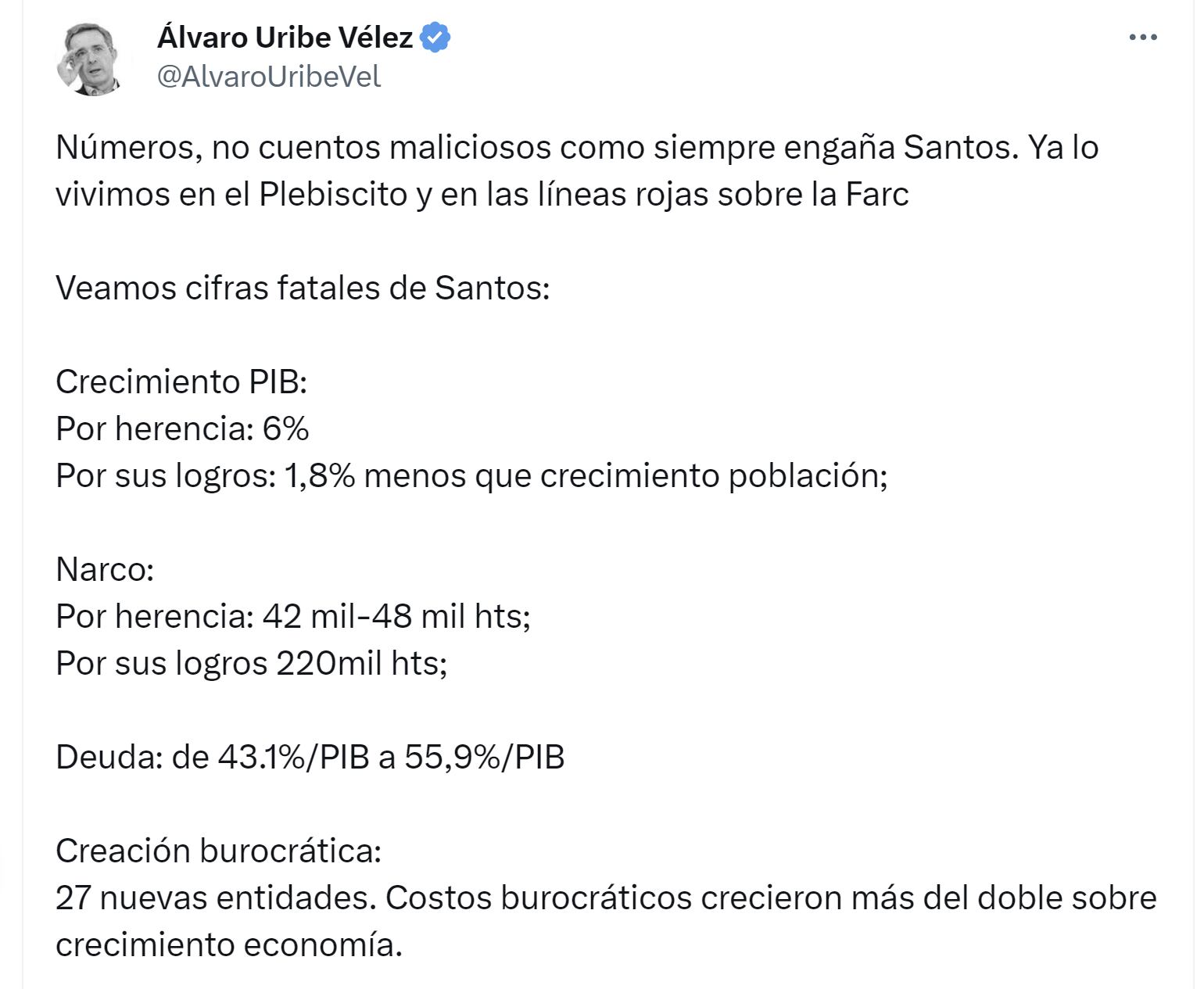 Uribe Vélez le dedicó una serie de trinos a Santos con cifras negativas de su gobierno