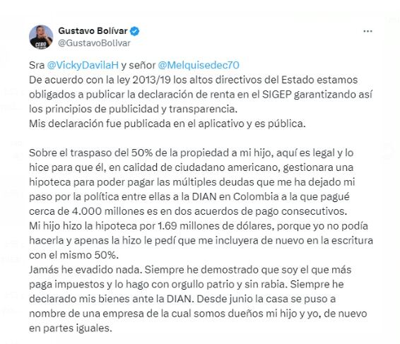 Tras ser acusado de evasión de impuestos por traspasar una propiedad en Miami, Gustavo Bolívar asegura que la operación fue legal y que su declaración de bienes siempre fue pública - crédito @GustavoBolivar/X