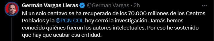 Germán Vargas Lleras expresó su molestia con la decisión de la Procuraduría General de la Nación de archivar el caso en contra de Karen Abudinen - crédito @German_Vargas
/X