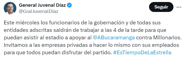 El general Juvenal Díaz tomó decisión radical para el partido entre Bucaramanga y Millonarios - crédito @GralJuvenalDiaz/X
