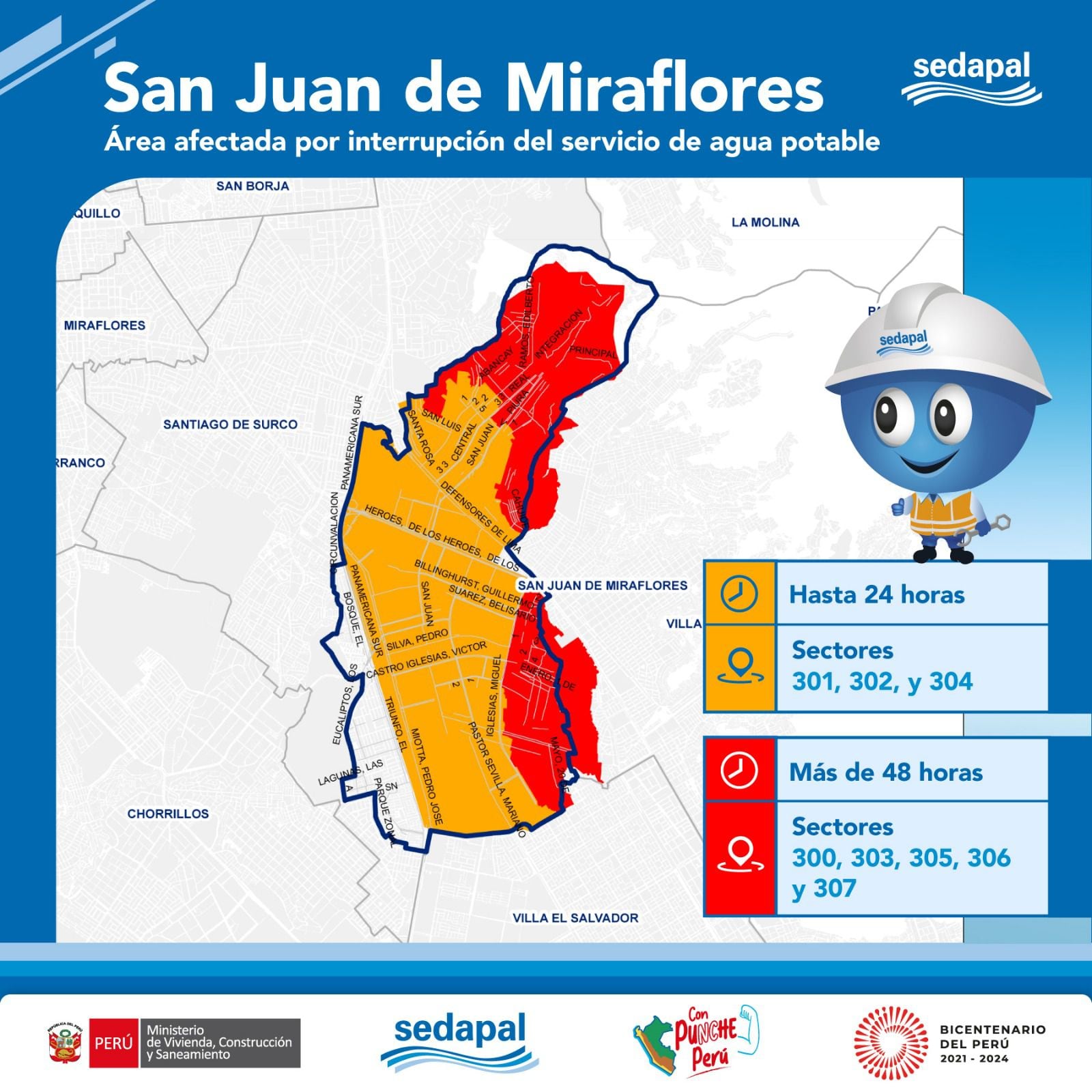 Mapa de las zonas que serán afectadas por el corte de agua en San Juan de Miraflores y horarios en que se suspenderá el servicio | Crédito: Sedapal.