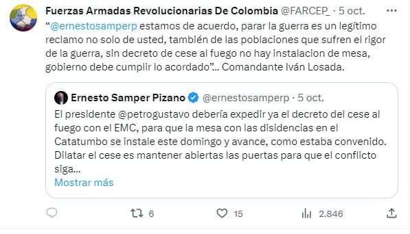 "Sin un decreto de cese al fuego, no se instalará la mesa", la dura advertencia de las disidencias de las Farc al Gobierno nacional - crédito X @FARCEP_