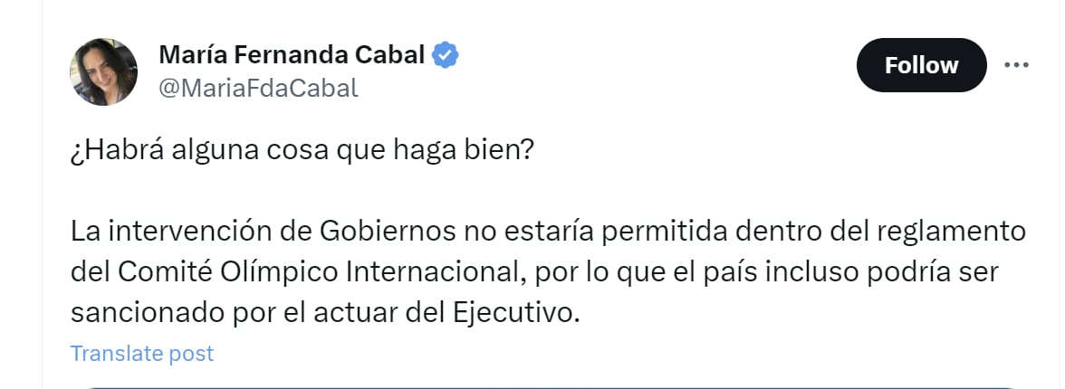 María Fernanda Cabal arremetió contra el presidente Gustavo Petro por intervenir en la recuperación de los Juegos Panamericanos - crédito @MariaFdaCabal/X