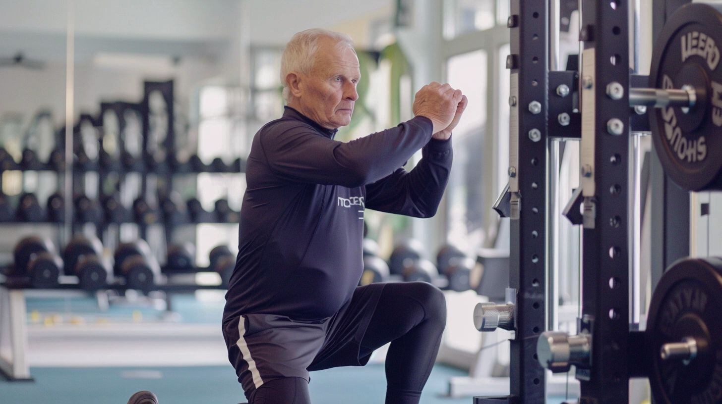 Adulto mayor entrenando en el gym, fortaleciendo su cuerpo con ejercicios de sentadillas. Representa el esfuerzo y dedicación de los mayores por su bienestar y longevidad, destacando la relevancia del entrenamiento físico para una vida saludable. (Imagen ilustrativa Infobae)v