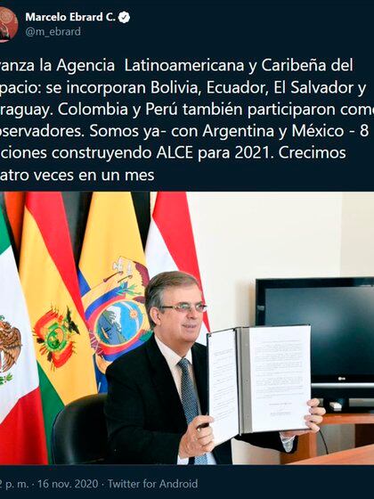 Bolivia, Ecuador, El Salvador y Paraguay se sumaron a la iniciativa de México y Argentina;  Colombia y Perú serán observadores (Foto: Twitter / @ m_ebrard)