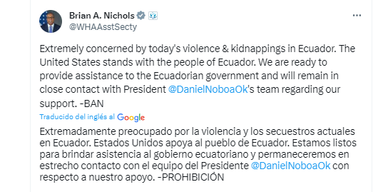 Pronunciamiento de EEUU sobre la violencia en Ecuador