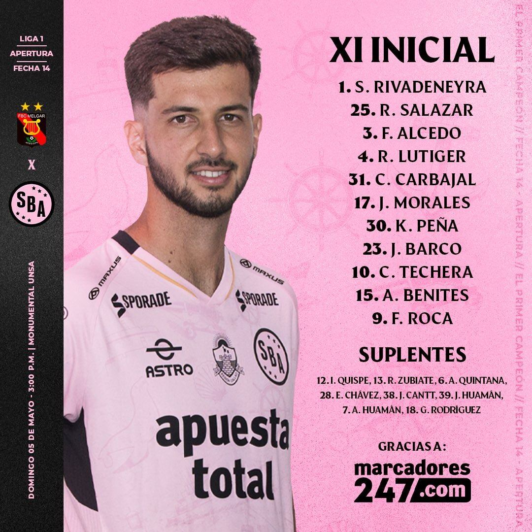 Alineación oficial de Sport Boys para el partido contra FBC Melgar por el Apertura 2024. - Crédito: Difusión