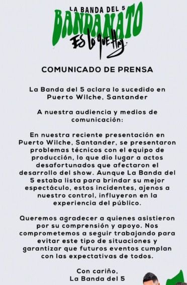 En el comunicado, la banda detalló sucesos del hecho - crédito @labandadel5/Instagram