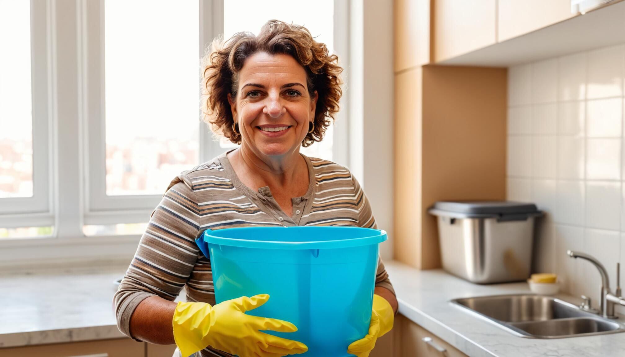 Mujer de mediana edad sosteniendo utensilios de limpieza, preparada para realizar su trabajo en un hogar. La fotografía capta la esencia de su labor como empleada doméstica, destacando la importancia y el valor del trabajo en el cuidado y mantenimiento de hogares y departamentos. (Imagen ilustrativa Infobae)