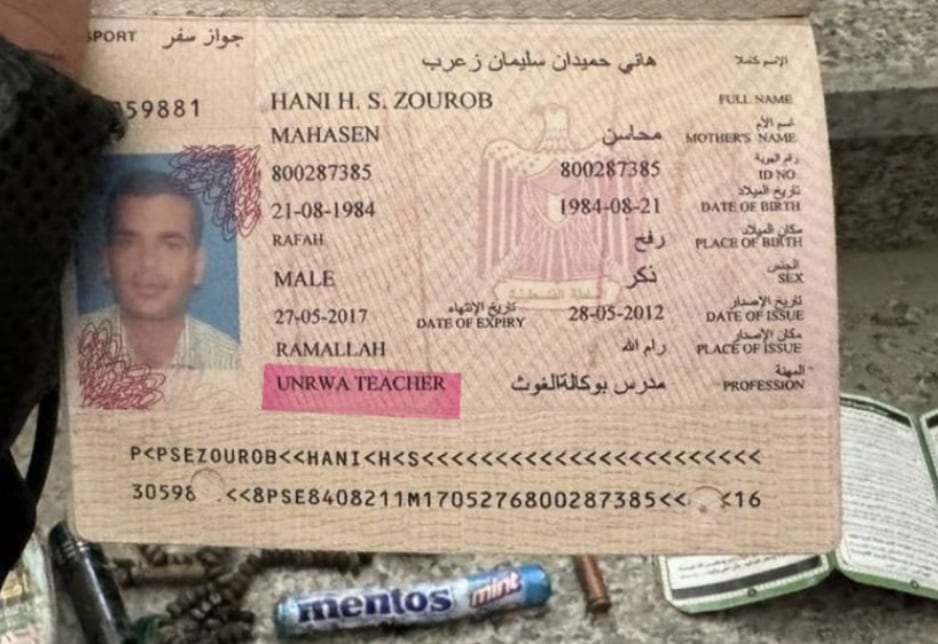 El pasaporte hallado en la escena no pertenecía a Sinwar, sino que estaba a nombre de Hani Zourob, un maestro de la Agencia de Naciones Unidas para los Refugiados Palestinos en Oriente Próximo (UNRWA) 