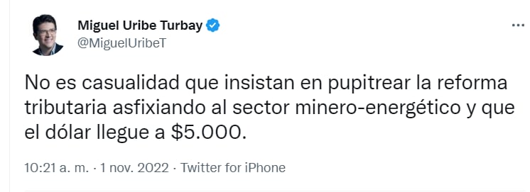 Miguel Uribe sobre el precio del dólar. Tomado de Twitter.