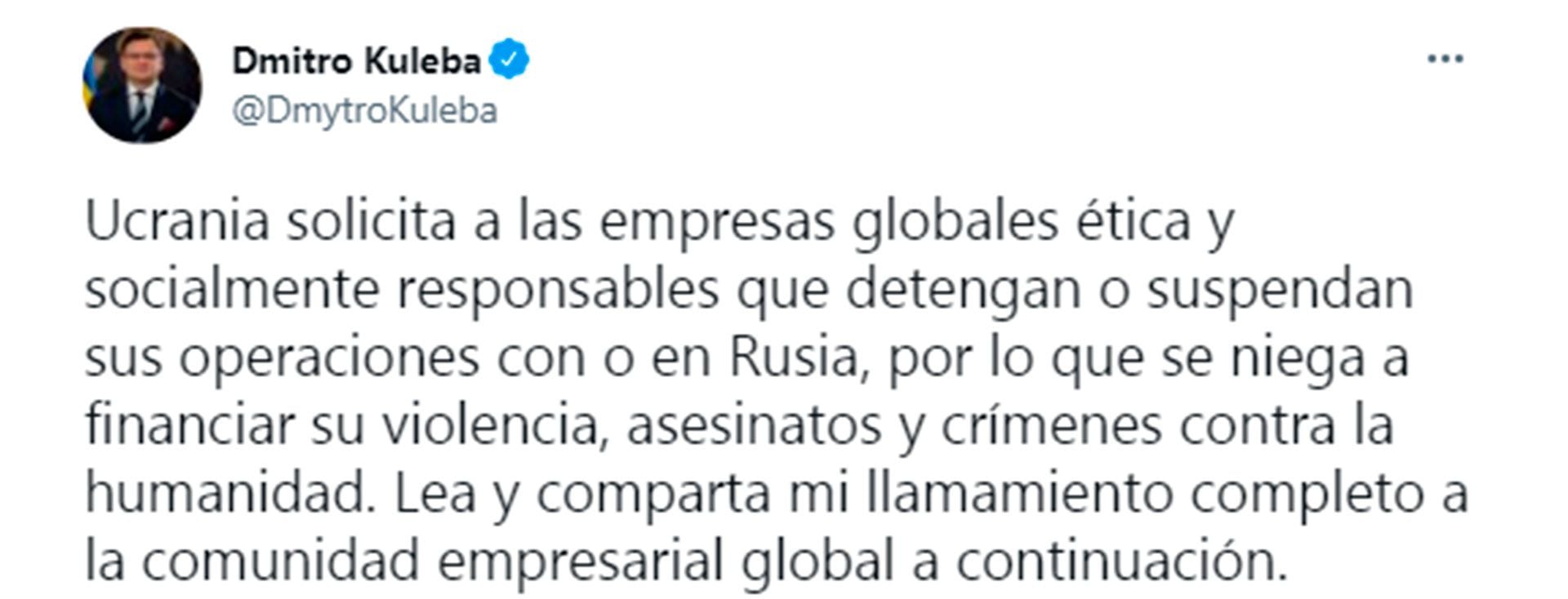 El tweet oficial de Kuleba 