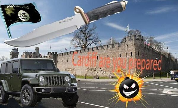 Gunton publicó en las redes sociales una foto del castillo de Cardiff y una bomba con las palabras: “Cardiff, ¿estás preparado?”