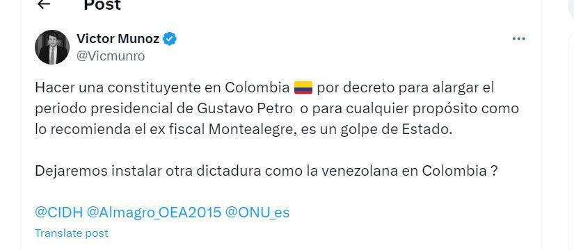 Víctor Muñoz habla de la propuesta de convocar una constituyente - crédito @Vicmunro