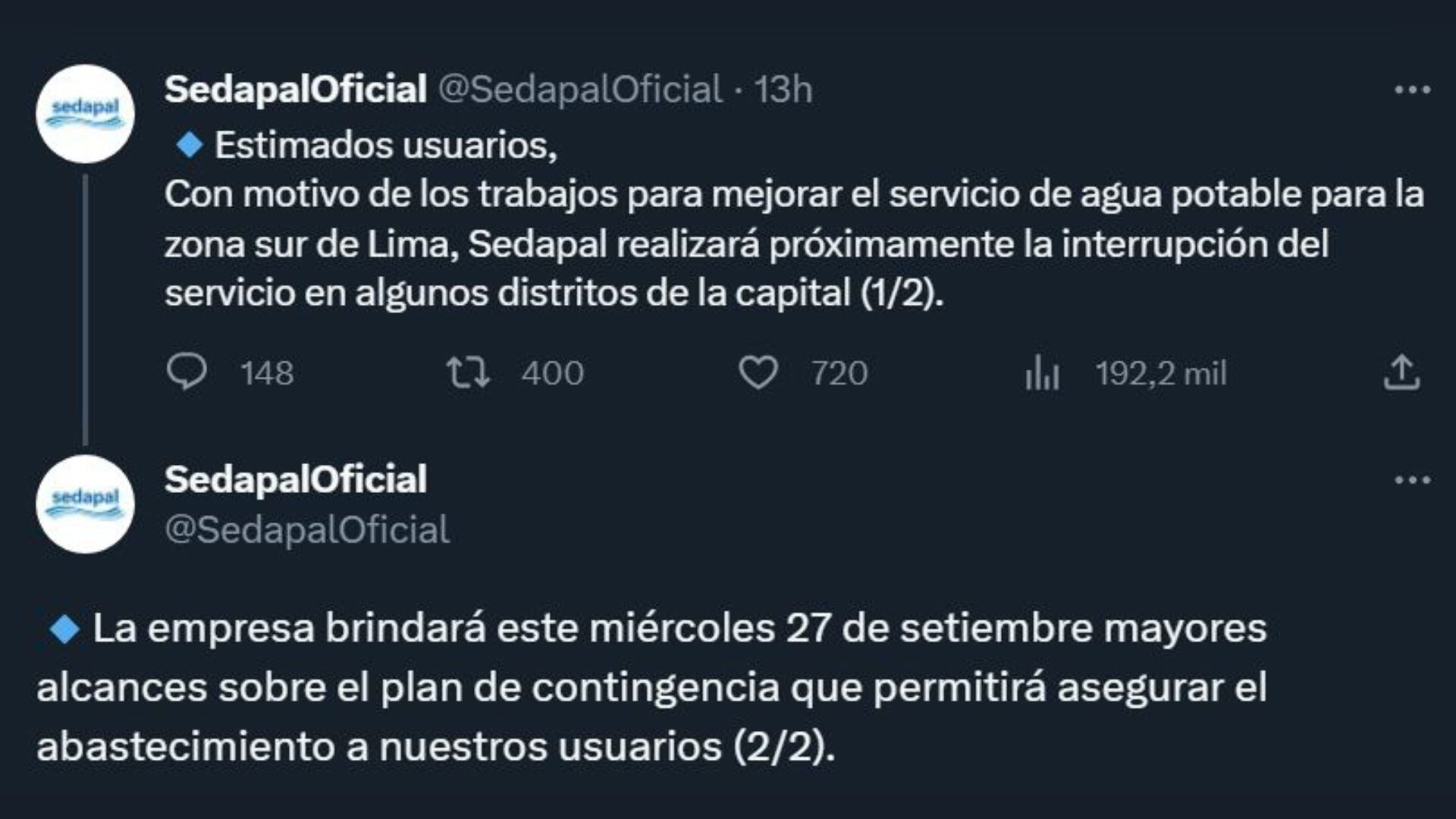 Sedapal anunció corte de agua masivo en 22 distritos de Lima desde el 6 de octubre