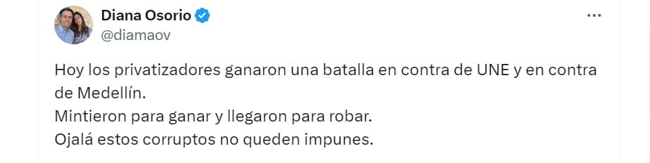 Pronunciamiento de Diana Osorio en debate Tigo-Une - crédito X