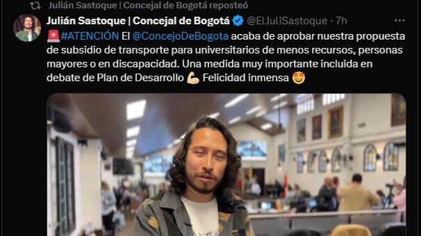 Julián Sastoque, concejal de Bogotá, afirmó que la medida busca ayudar a las personas con menos recursos - crédito X/@ElJuliSastoque