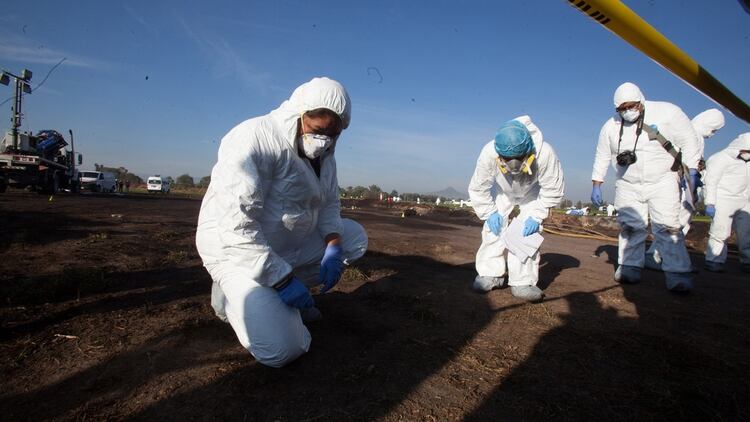 Expertos forenses registran la zona cerca de una toma clandestina de gasolina de Petróleos Mexicanos (Pemex) que explotó este sábado, en Tlahuililpan, Hidalgo (Foto: EFE/ MLA)